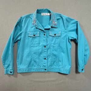 Casey & Max Embroidered Floral Denim Blue Cotton Jacket Women Size Large